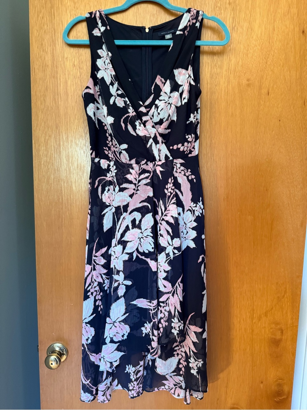 Tommy Hilfiger Black Midi Dress with Pink Floral Print